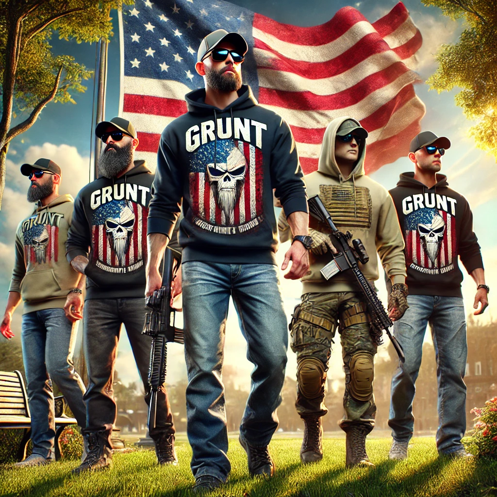 People dressed in Grunt Style clothing with an American flag on the backdrop, in an open space.