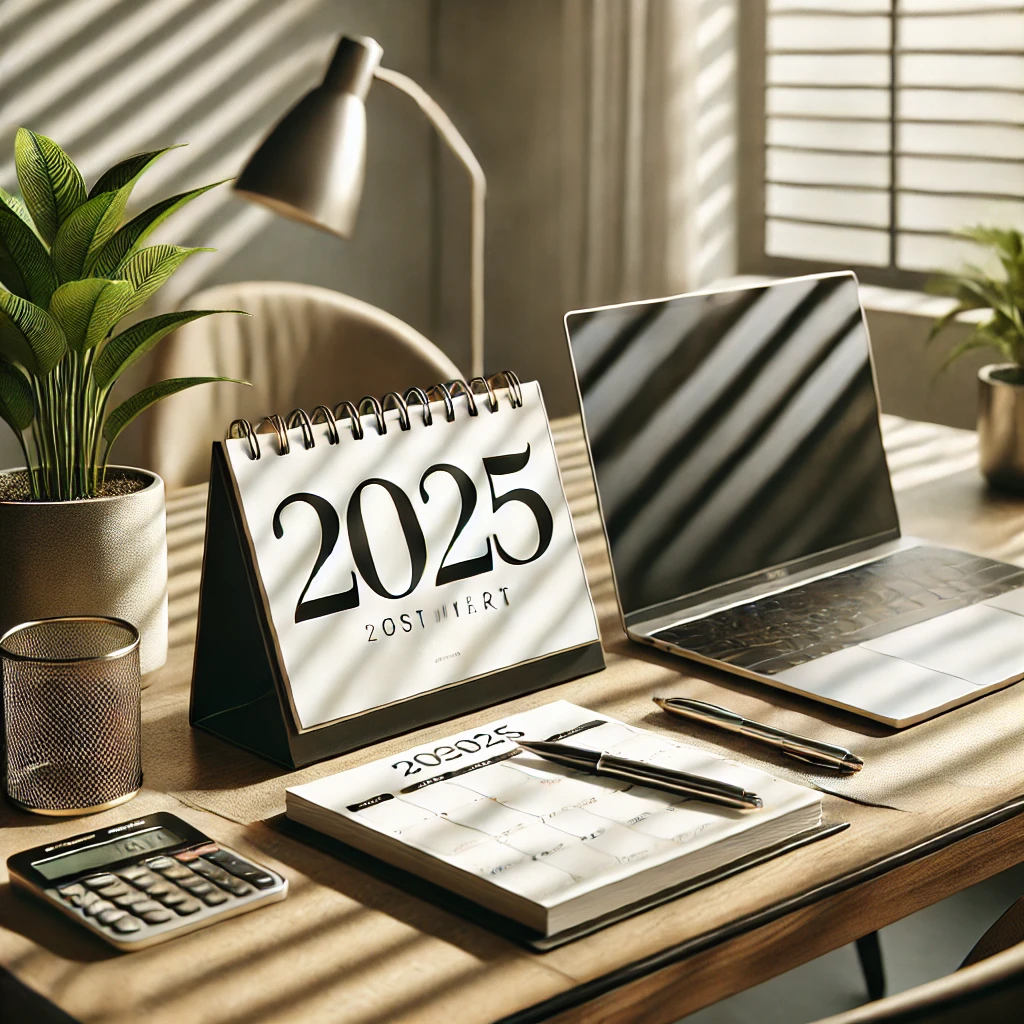 2025 calendar with a pen and notebook on it – meaning preparedness.