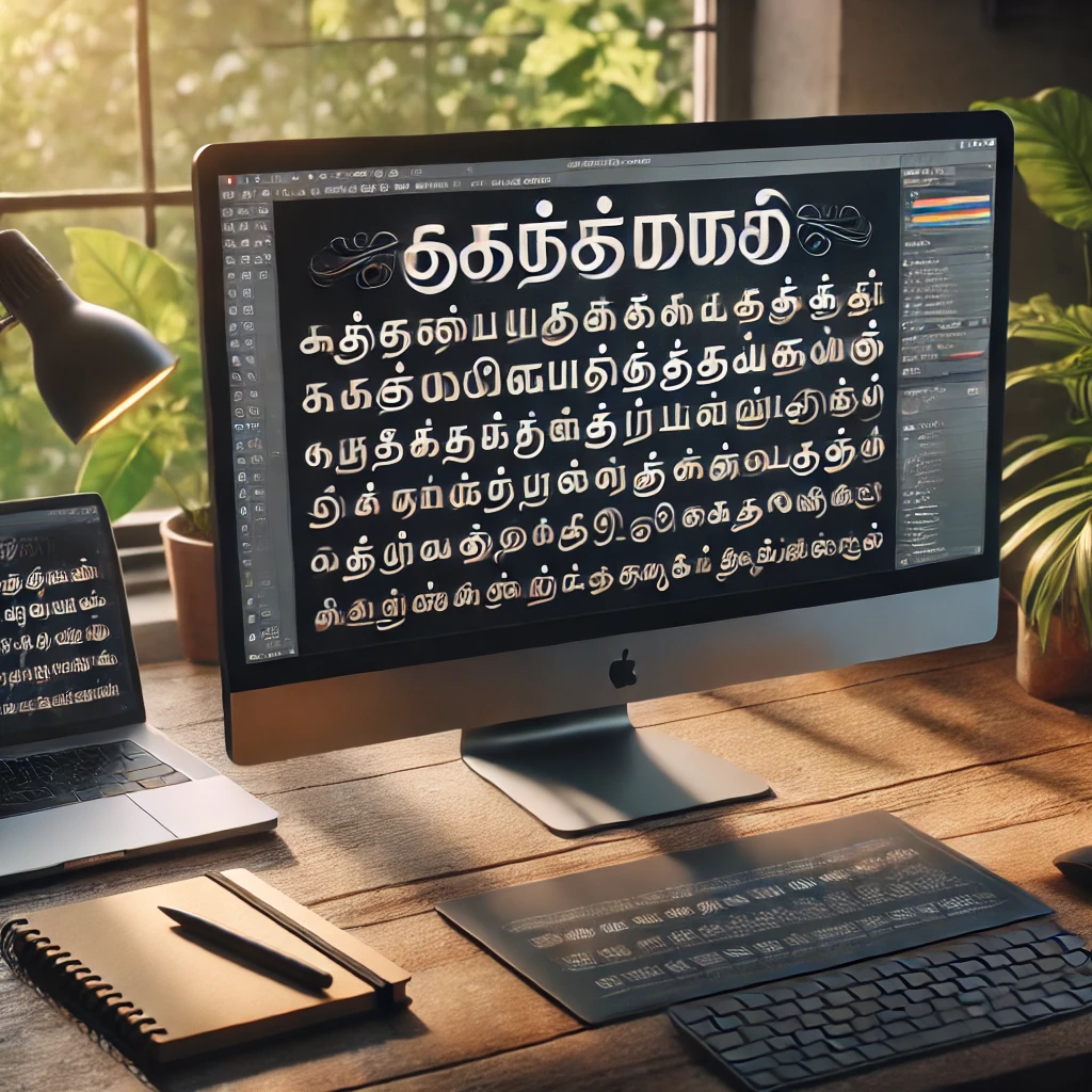 Tamil font styles shown on a computer screen in a real workspace setting.