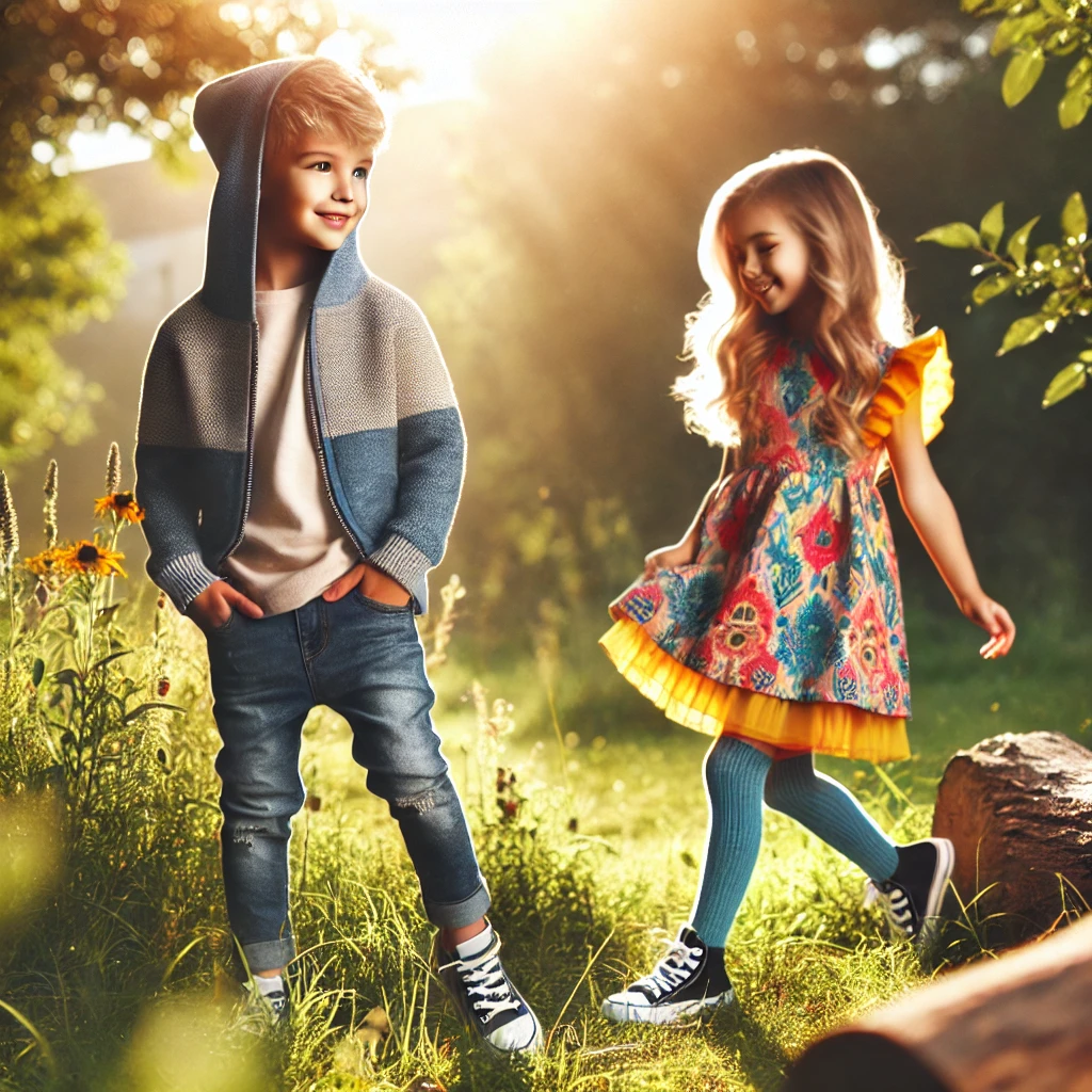 ‘’Children dressed in fashionable and fashionable clothing that is appropriately trendy for outdoor park with beautiful green grass, and sunlight.’’