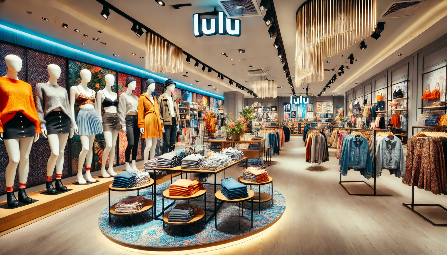 Lulu Fashion Store with clothes and accessories displaying a colorful and modern style of clothing and accessories and a lit and clean store.