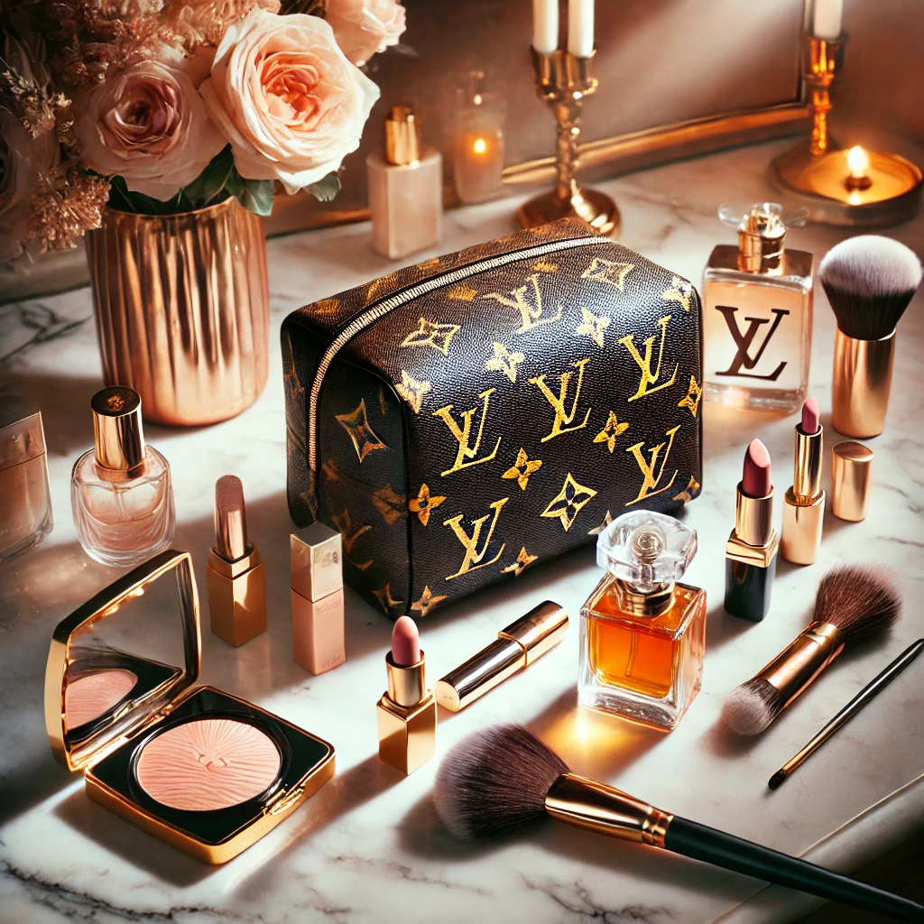 View of a makeup bag made in Louis Vuitton with the Monogram canvas on a table designed as a vanity.