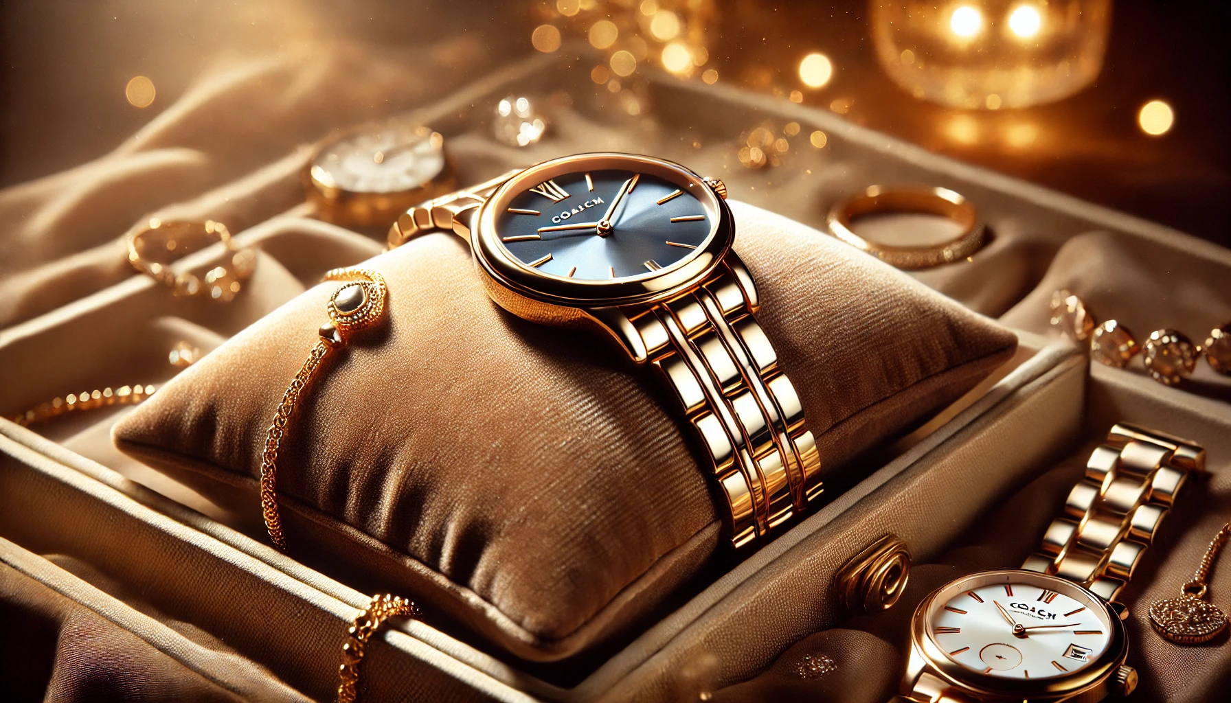 A large close up of a Coach gold bracelet watch positioned on velvet cushion and other fragile accessories with soft light stressing the beauty.