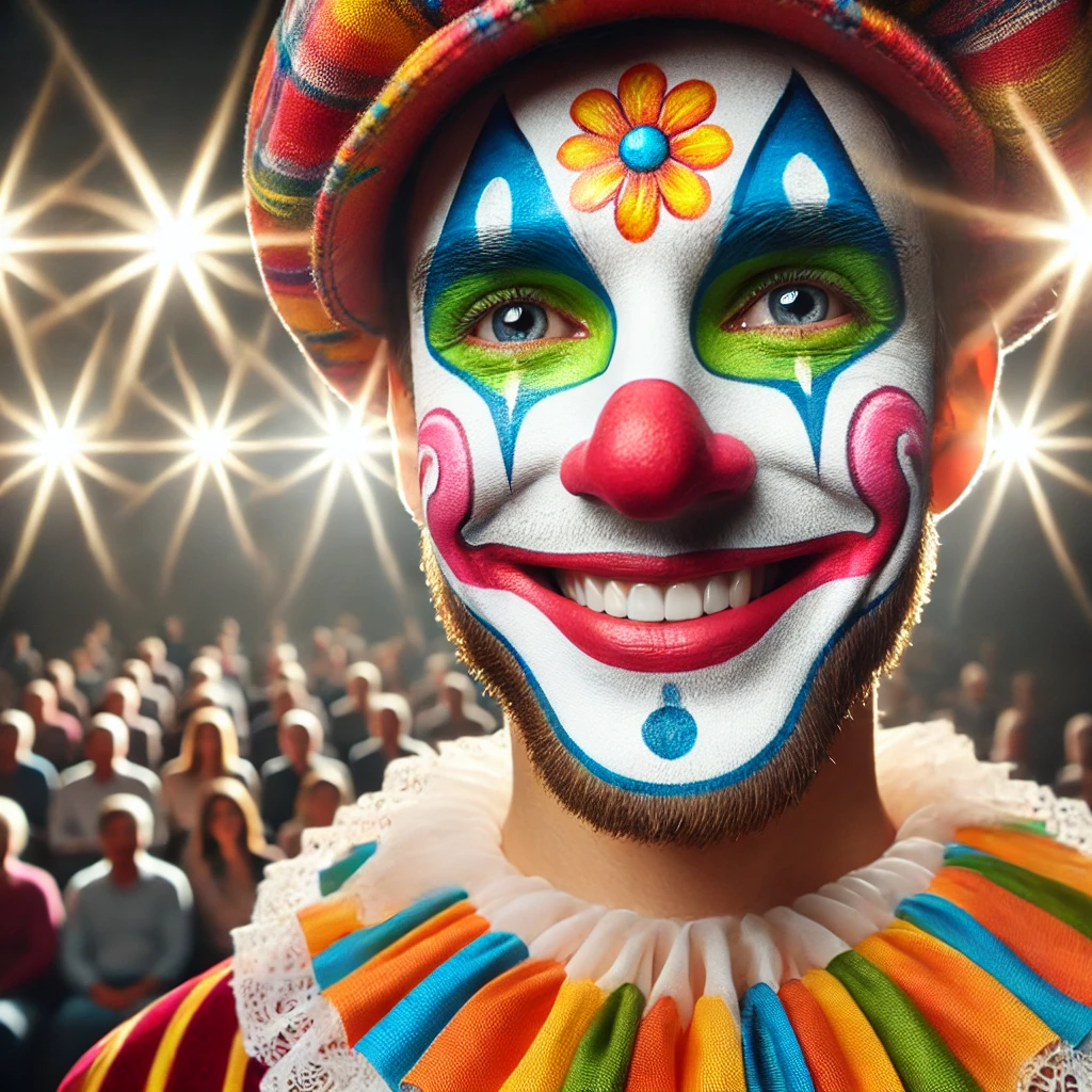 Talented clown with applied colorful paint on his face portraying a happy to go aerial.