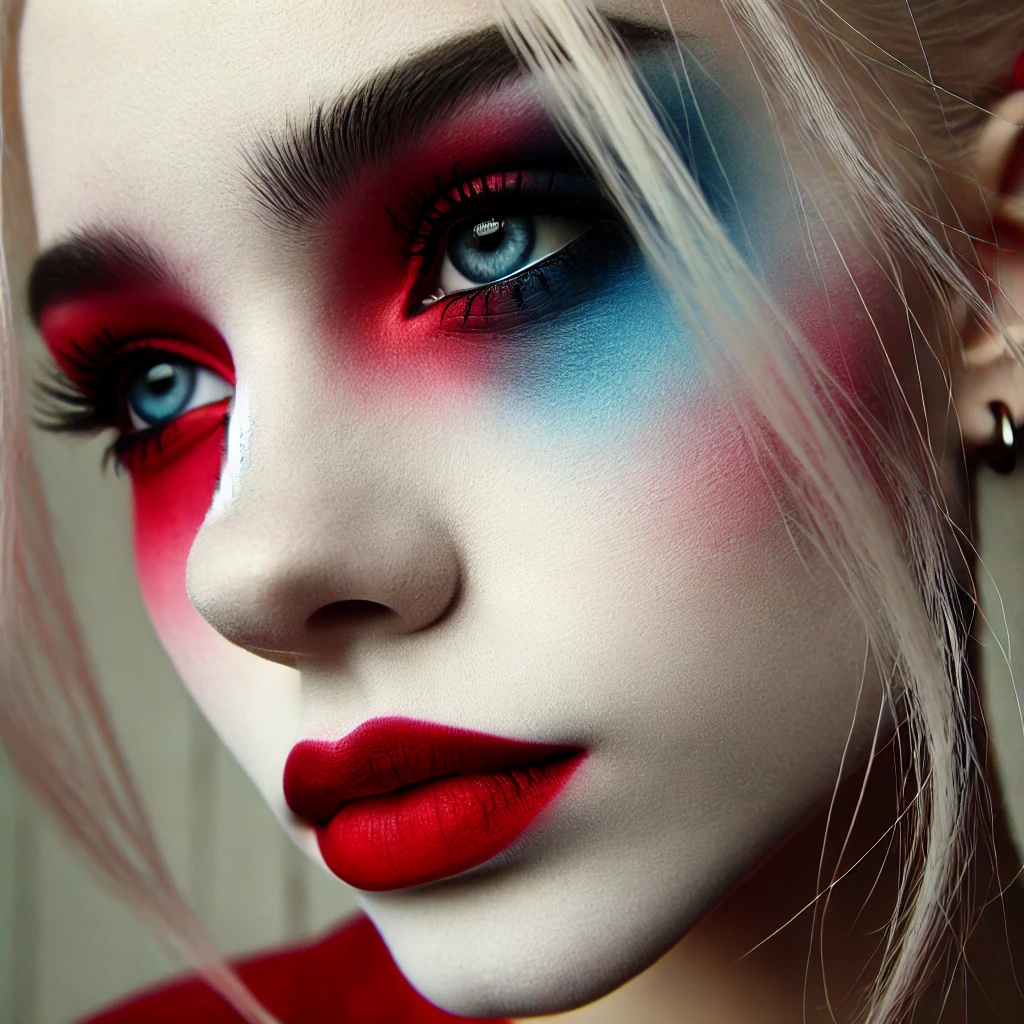 Red and blue eyeshadow and very smeared red lipstick, as if Harley Quinn wore it.