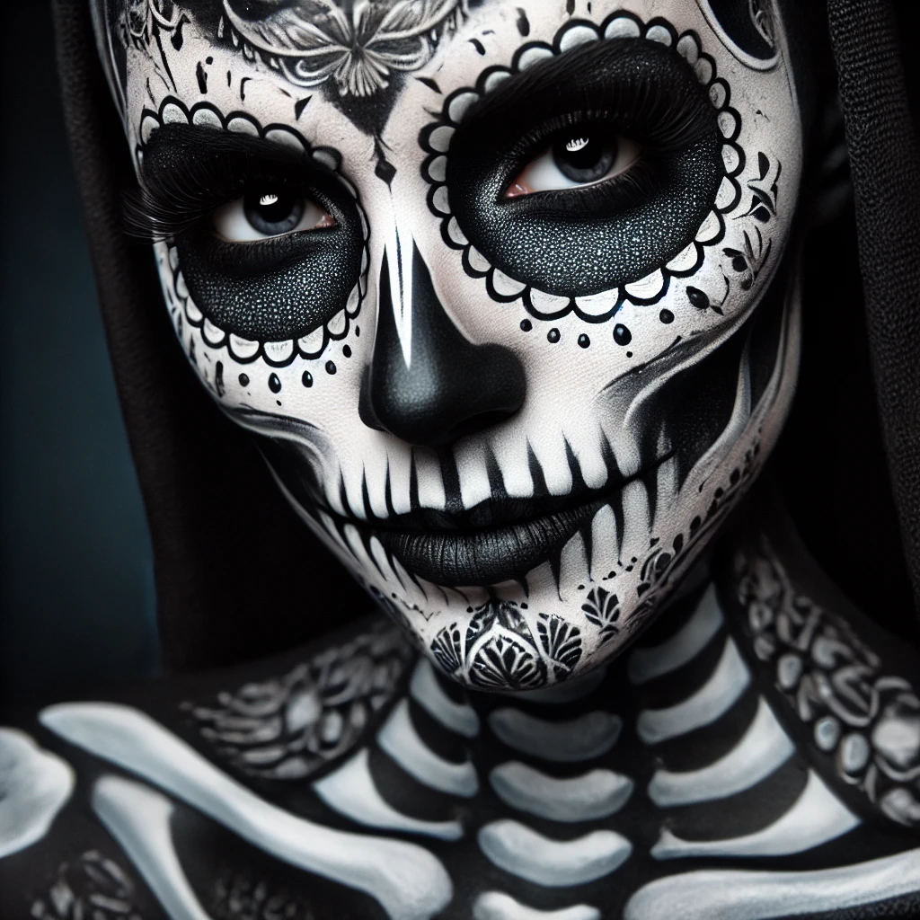 “Complex makeup works with skull patterns on a person’s facial bones.”