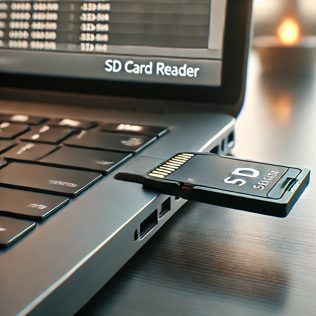 Photos of an SD card reader attached to a laptop with an SD card inserted so as to demonstrate how it works.