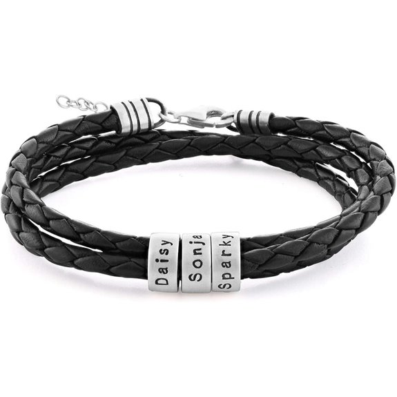 Personalized Sterling Silver Leather Beaded Bracelet for Women