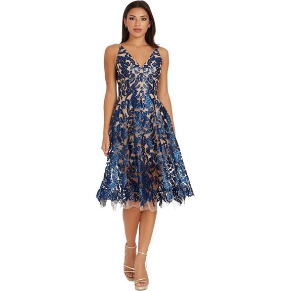 Dress The Population Womens Blair Plunging Fit and Flare Midi Dress