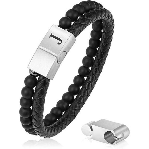 LUXEJEW Men's Beaded Leather Initial Bracelet