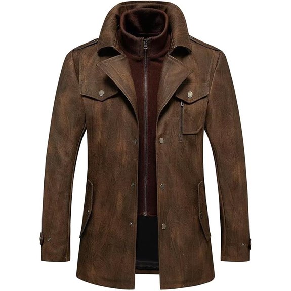INVACHI Men's Leather Trench Coat with Detachable Collar