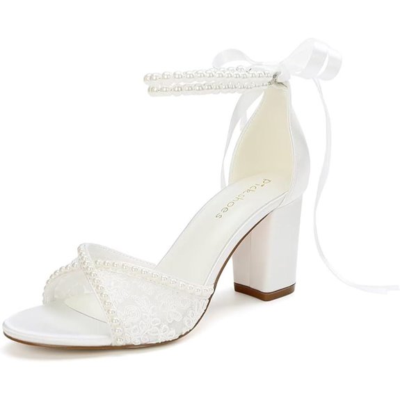 Lace Bridal Wedding Shoes with Pearl Block Heels