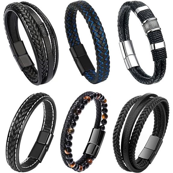 RIOSO Men's Leather & Steel Braided Bracelets (6 pcs)