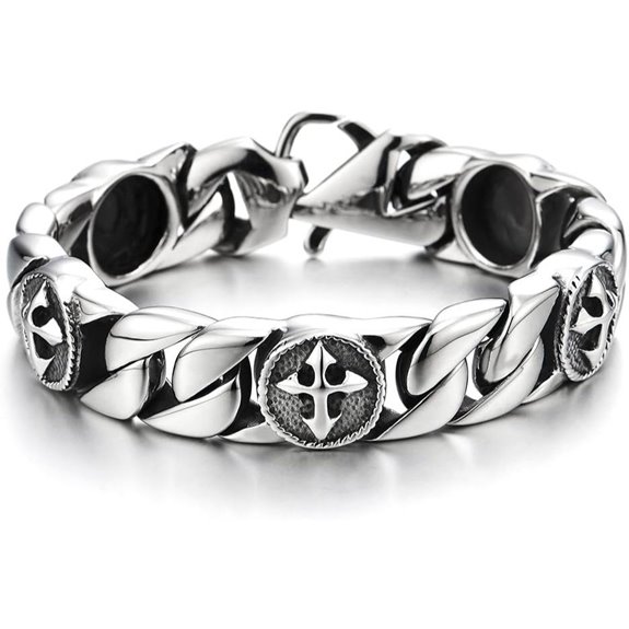 Mens Stainless Steel Curb Chain Link Bracelet with Vintage Cross Charms
