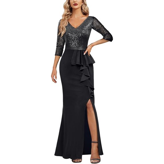 MISSMAY Women's Elegant Sequin V-Neck Evening Party Mermaid Long Dress