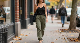 Jennifer Lawrence Brings Flip Flops Into Fall With Cargo Pants And A Semi-Sheer Cardigan